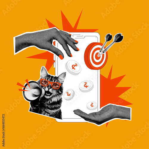 Mobile Marketing Cat with Coins and Target – Halftone Retro Collage 
