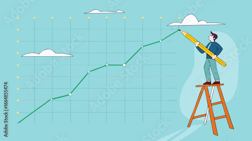 increase business performance followed by a lot of income, businessman climbing a ladder to make a financial growth graph using a pencil, Business goals as profit target achievement process