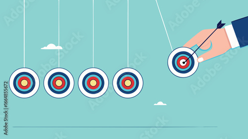 business target achievement as a milestone to achieve the next target, businessman pulling target board with bullseye arrow as e pendulum for milestone the next target