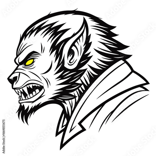Illustration of a werewolf head, embodying horror and fantasy, showcasing its aggressive snarl, sharp fangs, and menacing gaze