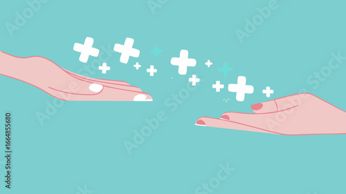 encouragement or making others happy, positive vibes concept, businessman's hand gives a positive health icon to his co-worker concept vector illustration