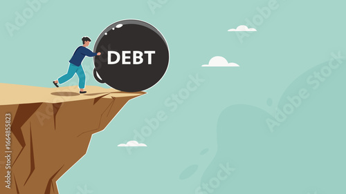pay off business debt, reduce the burden of obligations, deficit or borrowing due, managing debt, responsibility to pay debtor, businessman pushes the debt burden ball into the canyon