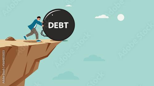 pay off business debt, reduce the burden of obligations, deficit or borrowing due, managing debt, responsibility to pay debtor, businessman pushes the debt burden ball into the canyon