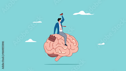 recognize thoughts or emotions, creativity or emotional intelligence, Critical thinking in dealing with various situations, growth mindset concept, businessman riding the human brain control the mind