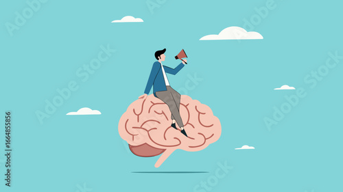 recognize thoughts or emotions, creativity or emotional intelligence, Critical thinking in dealing with various situations, growth mindset concept, businessman riding the human brain control the mind