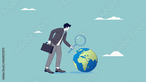 global economic analysis, world economic outlook, research for investment in various countries, Analyze job opportunities abroad, businessman with magnifying glass analyzing business in global economy