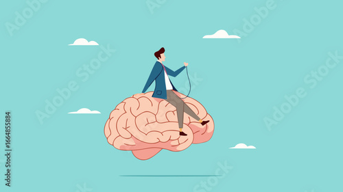 recognize thoughts or emotions, creativity or emotional intelligence, Critical thinking in dealing with various situations, growth mindset concept, businessman riding the human brain control the mind