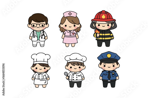 Six cartoon characters in different professions including doctor nurse firefighter chef and police officer