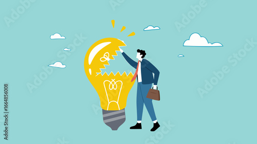 Idea generation, process of developing ideas to inspire the emergence of new ideas, innovation or creativity, young businessman opens lightbulb ideas to create more new lightbulb ideas