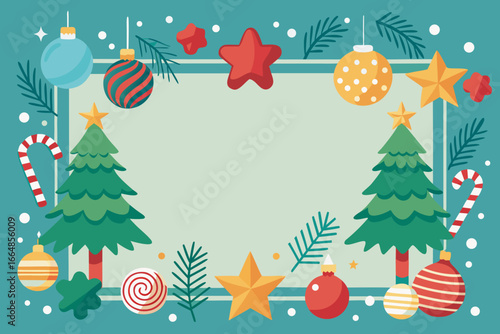 Festive Christmas Background Border with Holiday Tree Decorations Baubles and Winter Elements