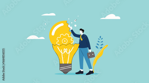 Idea generation, process of developing ideas to inspire the emergence of new ideas, innovation or creativity, young businessman opens lightbulb ideas to create more new lightbulb ideas