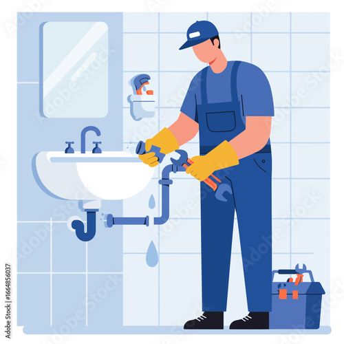 Plumber in Blue Overalls Fixing Sink with Wrenches in Bathroom