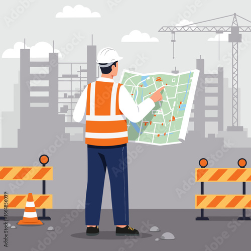 Construction Worker Examining Map, Wearing Safety Vest and Hard Hat, Pointing.