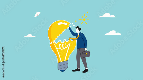 Idea generation, process of developing ideas to inspire the emergence of new ideas, innovation or creativity, young businessman opens lightbulb ideas to create more new lightbulb ideas