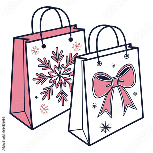 Two shopping bags decorated with snowflakes and a bow, ideal for winter holiday sales, promotions, and giftgiving themes