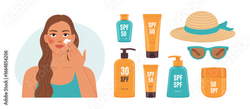 Illustration of a woman applying sunscreen on her face, surrounded by various sunscreen products, a straw hat, and sunglasses, promoting sun protection