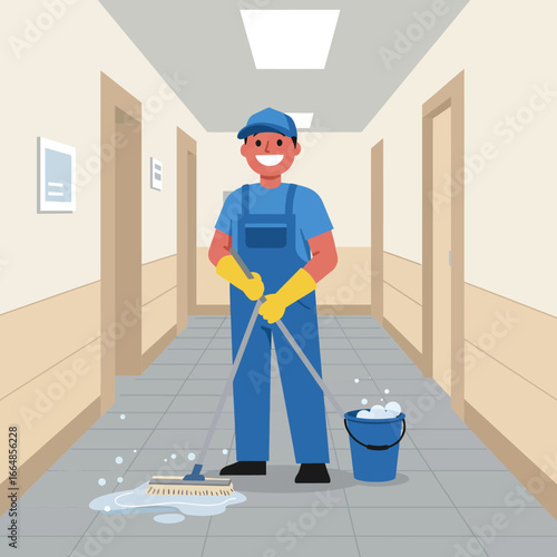 Smiling Janitor Mopping Floor with Bucket and Mop in Hallway