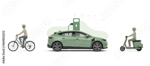 Vector art of illustration showcasing ecofriendly transportation options electric car charging, a cyclist, and a scooter rider, promoting sustainable mobility