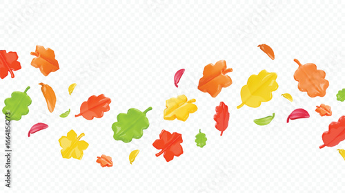 3d autumn leaves, abstract 3d fallen leaves flying in the wind in orange and yellow tones, Autumnal foliage leaves of mountain ash, oak, maple on transparent background
