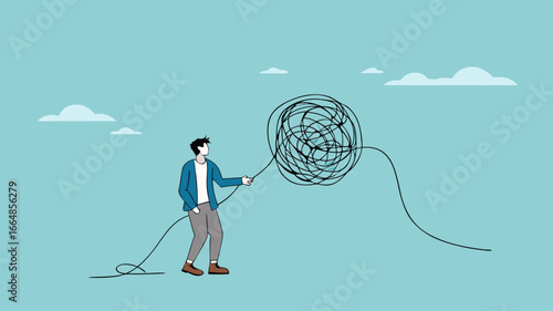 unravel complex problem, reduce business chaos problems by solving them gradually, businessman pulling messy strings to untangle problems concept vector illustration
