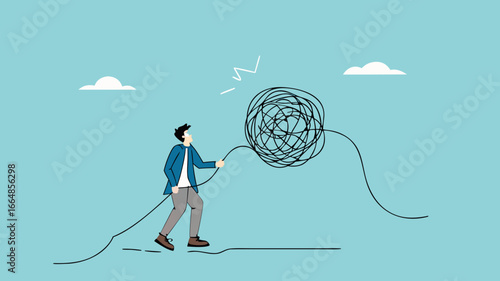 unravel complex problem, reduce business chaos problems by solving them gradually, businessman pulling messy strings to untangle problems concept vector illustration