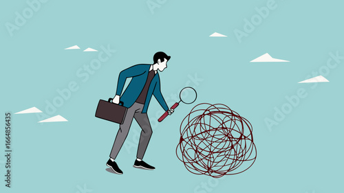 Analyze problems to find solutions or opportunities, look for the root cause of the problem, looking for the common thread of business problems, businessman examines messy lines with magnifying glass
