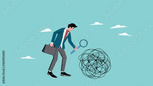 Analyze problems to find solutions or opportunities, look for the root cause of the problem, looking for the common thread of business problems, businessman examines messy lines with magnifying glass