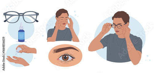 Vector art of illustration showcasing the application of eye drops for optimal eye care and vision health, the image emphasizes the importance of proper eye treatment