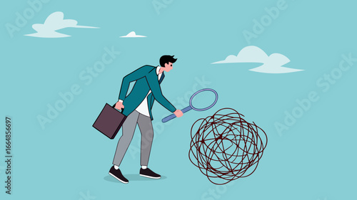 Analyze problems to find solutions or opportunities, look for the root cause of the problem, looking for the common thread of business problems, businessman examines messy lines with magnifying glass
