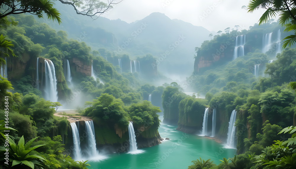 Fototapeta premium A breathtaking vista unfolds with multiple cascading waterfalls plunging into a vibrant turquoise river, surrounded by lush green mountains and dense tropical foliage under a misty sky