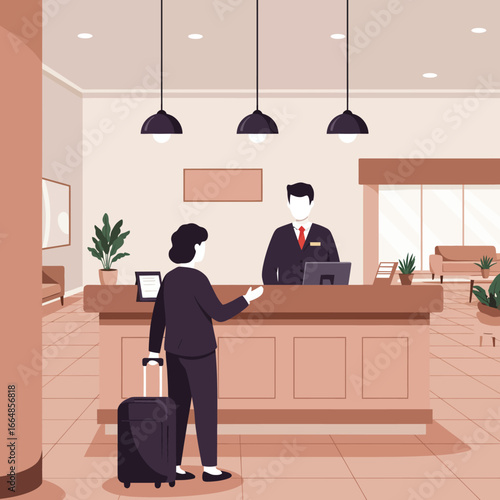 Hotel Reception Scene: Guest with Suitcase and Receptionist in Uniform
