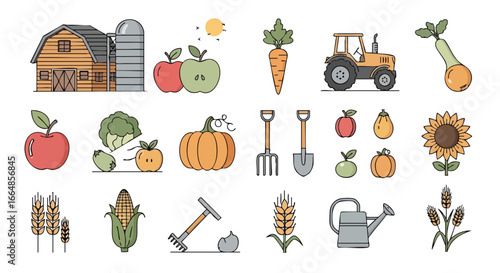 Farming and gardening equipment with fresh produce including apples carrots pumpkins and grains arranged around a rustic barn and agricultural tools