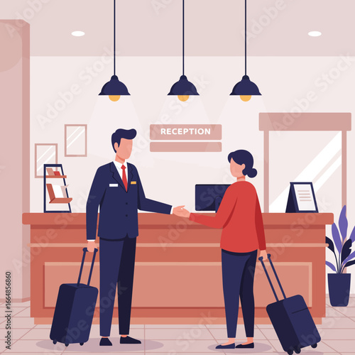 Hotel Receptionist Welcoming Guest with Handshake and Luggage Illustration