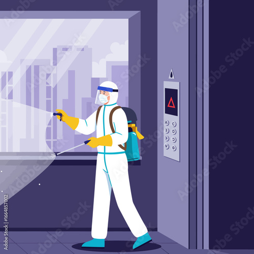 Hazmat-suited worker disinfecting a glass wall with a sprayer.