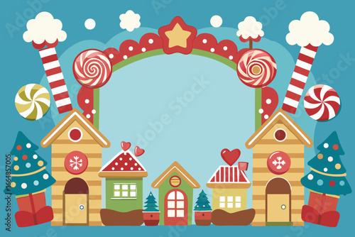 Christmas Candy House Vector Illustration with Sweet Lollipop Trees and Festive Frame