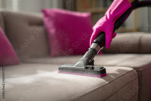 Upholstery cleaning: Removing dirt and stains from a sofa with a handheld extractor and pink gloved hands.