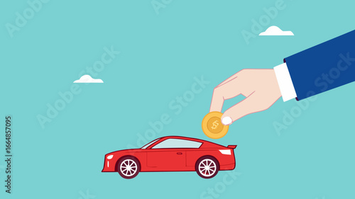 buy a car with installment, Car leasing or car loan, Businessman's hand puts gold coins into a new car concept vector illustration