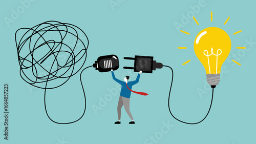 Problem Solving with creative idea solution, thought process to find a way out of a problem, problem and solution concept, businessman connect plug with light bulb idea to messy line of cable