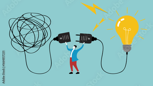 Problem Solving with creative idea solution, thought process to find a way out of a problem, problem and solution concept, businessman connect plug with light bulb idea to messy line of cable