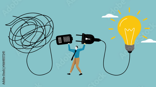 Problem Solving with creative idea solution, thought process to find a way out of a problem, problem and solution concept, businessman connect plug with light bulb idea to messy line of cable