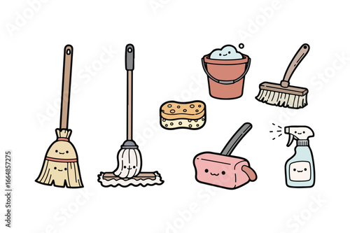 Cute kawaii cleaning supplies with happy faces broom bucket