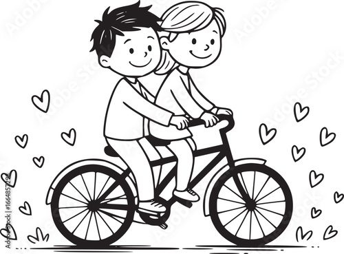 Love's Two-Wheeled Embrace: A couple of figures, hand-drawn illustration, embarks on a joyous bicycle ride, with hearts floating around, showcasing the pure love and shared adventures.