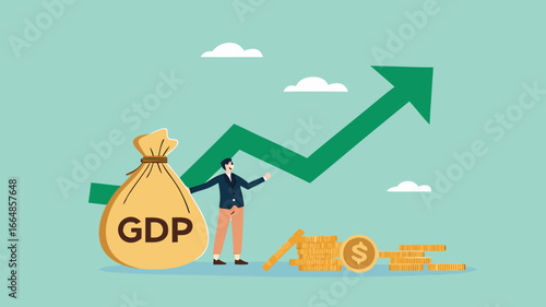 GDP Gross domestic product, value of goods and service produced by a country in a certain time, balance of import and export, businessman stand with money bag with GDP word and growing graph and chart
