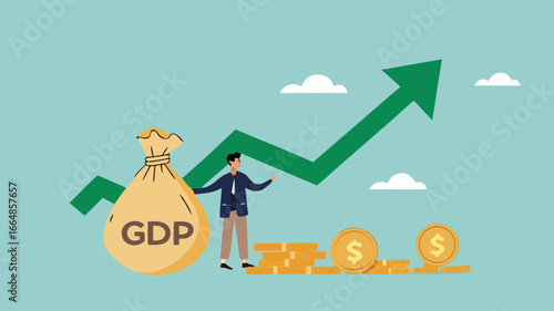 GDP Gross domestic product, value of goods and service produced by a country in a certain time, balance of import and export, businessman stand with money bag with GDP word and growing graph and chart