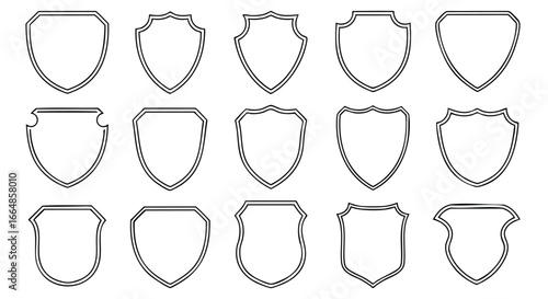Collection of 15 Shield Emblems Outlined with Simple Black Lines Displayed in Multiple Variations for Logo Design or Heraldry