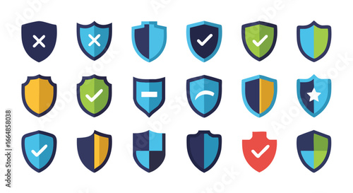 Collection of diverse shield icons representing security, protection, and trust with vibrant colors and varied designs for digital or graphic use
