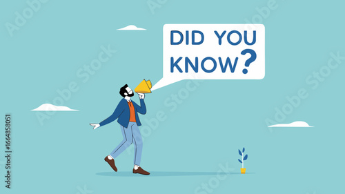 did you know, fun fact, expert information, explanation or solution, idea or advice message, useful knowledge or wisdom, useful tip, man talk on lightbulb megaphone on did you know speech bubble