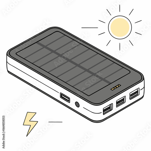 Illustration of a portable solar power bank charger with usb ports, ideal for outdoor activities and travel