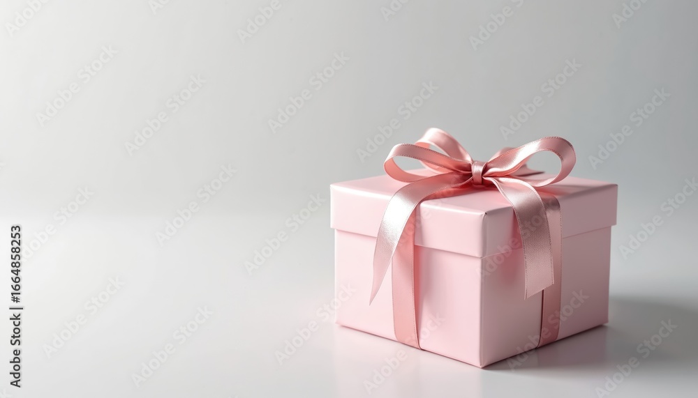 Pink gift box with white ribbon on gray background. Elegant, stylish, decorative. Minimalistic design, chic, fashionable, artistic. Perfect for celebration, occasion, surprise, holiday, event, festive Pink gift box with white ribbon on gray background. Elegant, stylish, decorative. Minimalistic design, chic, fashionable, artistic. Perfect for celebration, occasion, surprise, holiday, event, festive