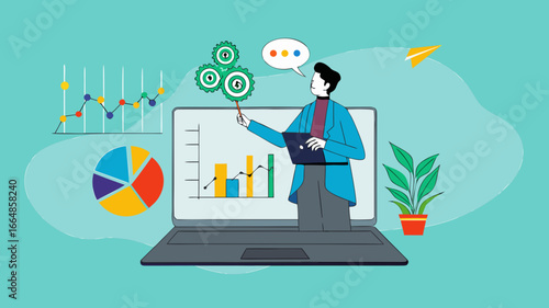online webinar presentation, online seminars or meetings discussing business strategy, business discussion conference, data analysis or finance expertise, businessman on laptop screen explaining data